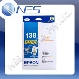 Epson Genuine 138 High Capacity DURABrite Ultra Value Pack C/M/Y/K Ink Cartridge +Photo Paper for Stylus NX230/NX420/N430/NX635, WorkForce 320/325/435/525/545/60/625/630/633/645/840/845/7010/7510/7520 [C13T138695]